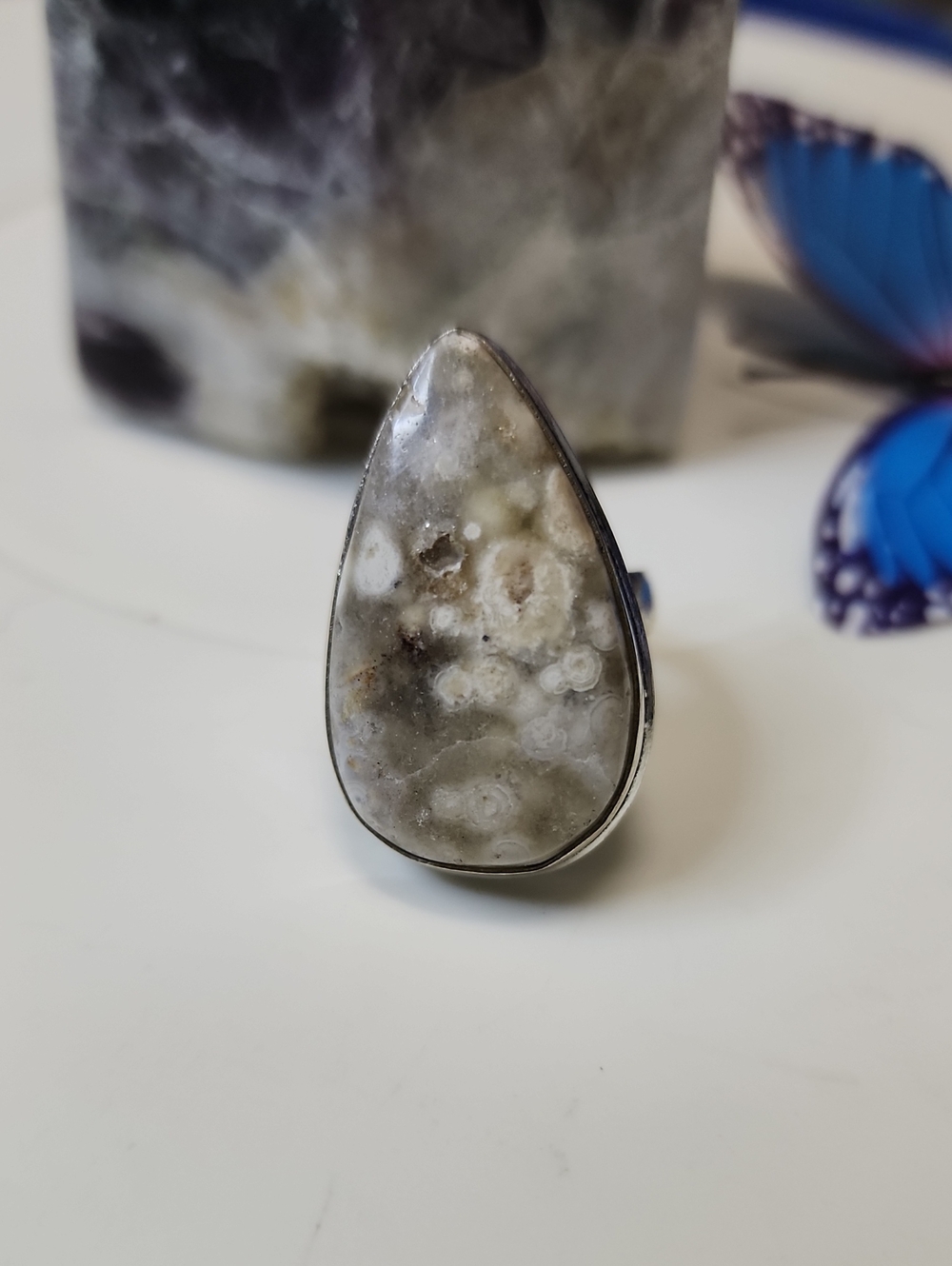 Teardrop Ocean Jasper Statement Ring - Gray and Cream
